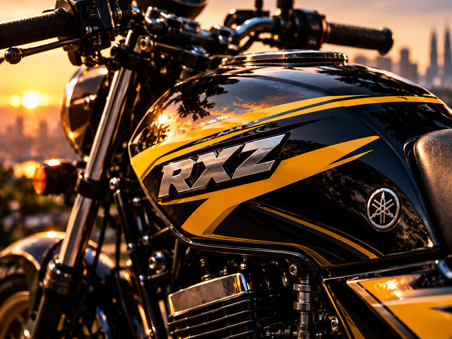 Close-up of a black and yellow RXZ fuel tank at sunset